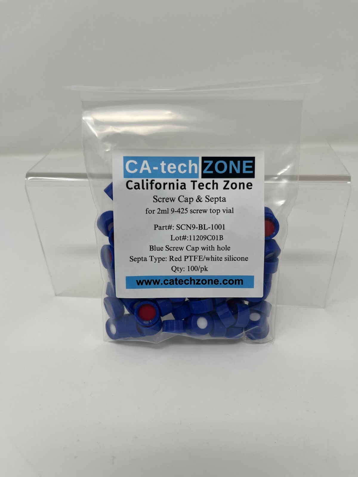 Red PTFE/white silicone septa & Blue screw cap with hole, for 2ml 9-425 vial
