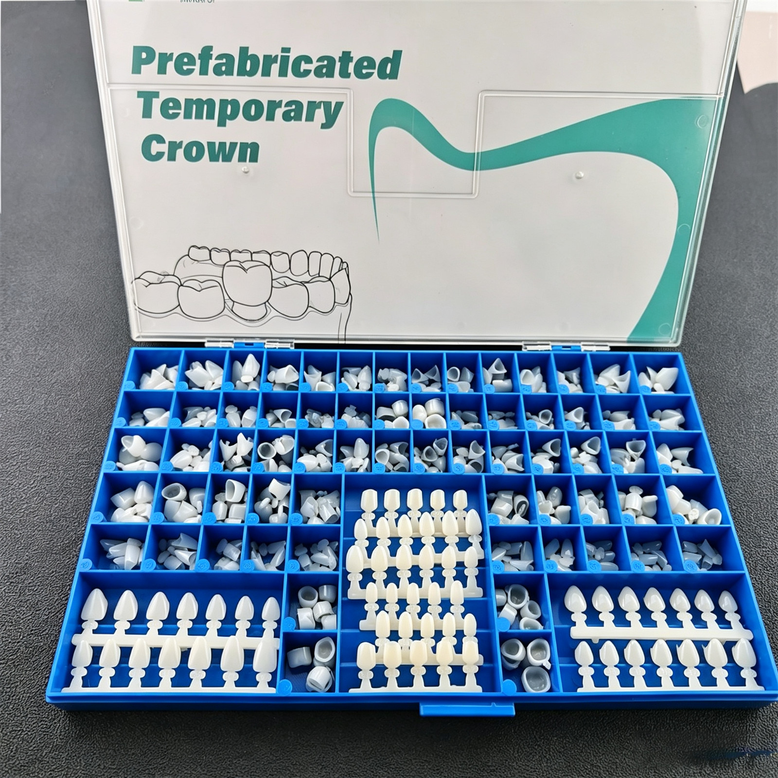 NEW POLYCARBONATE TEMPORARY DENTAL CROWNS BOX KIT 390Pcs W/ CROWN MOLD GUIDES