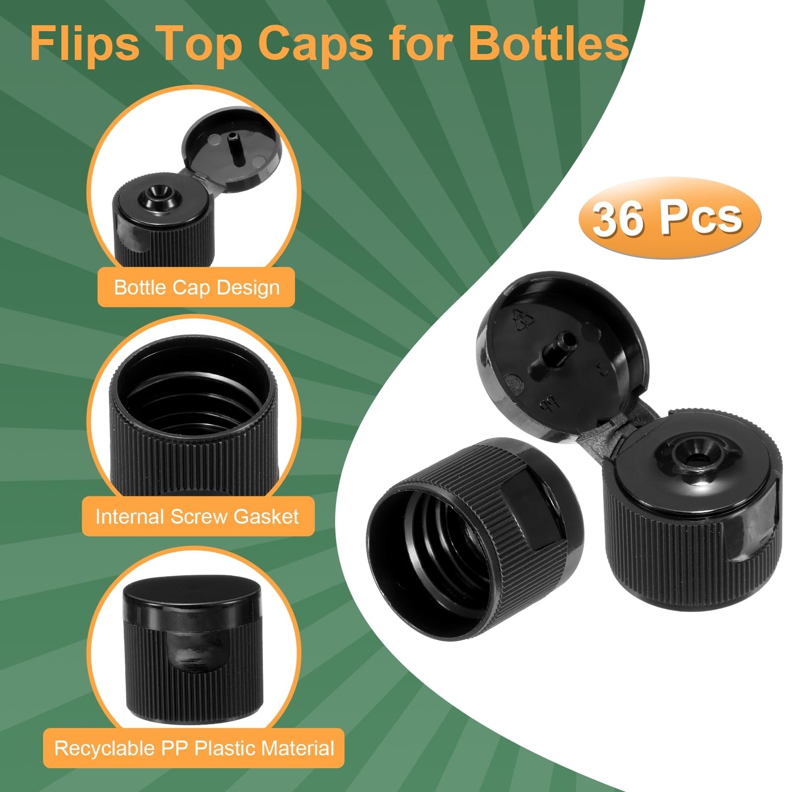 Uxcell 36pcs 20/410 Flips Top Caps for Bottles, Replacement 20/410, Black