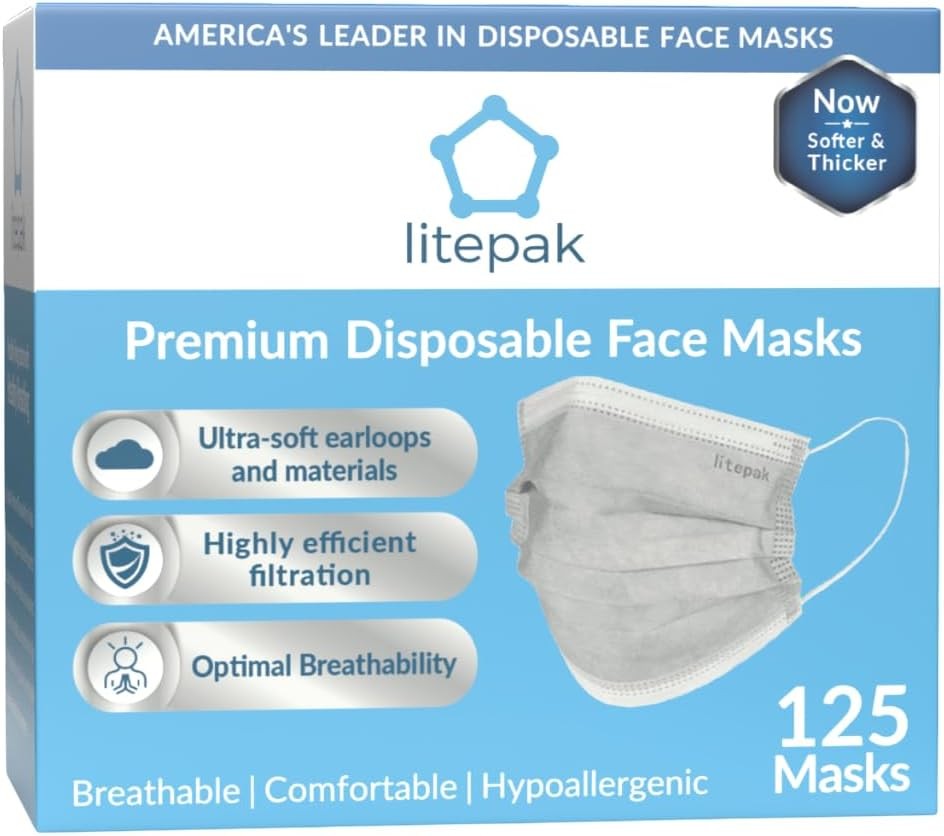 Litepak 125-Pack Disposable Face Mask Premium Comfort Earloops with Dispenser