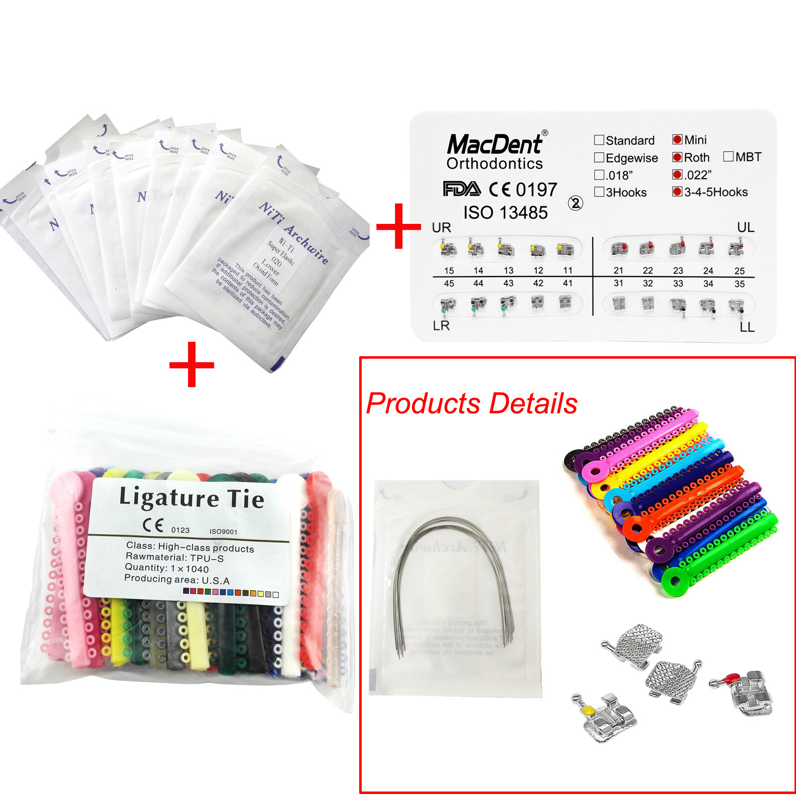 Dental Orthodontic Braces Kit NiTi Arch Wire Ligature Ties Roth 0.022 Brackets