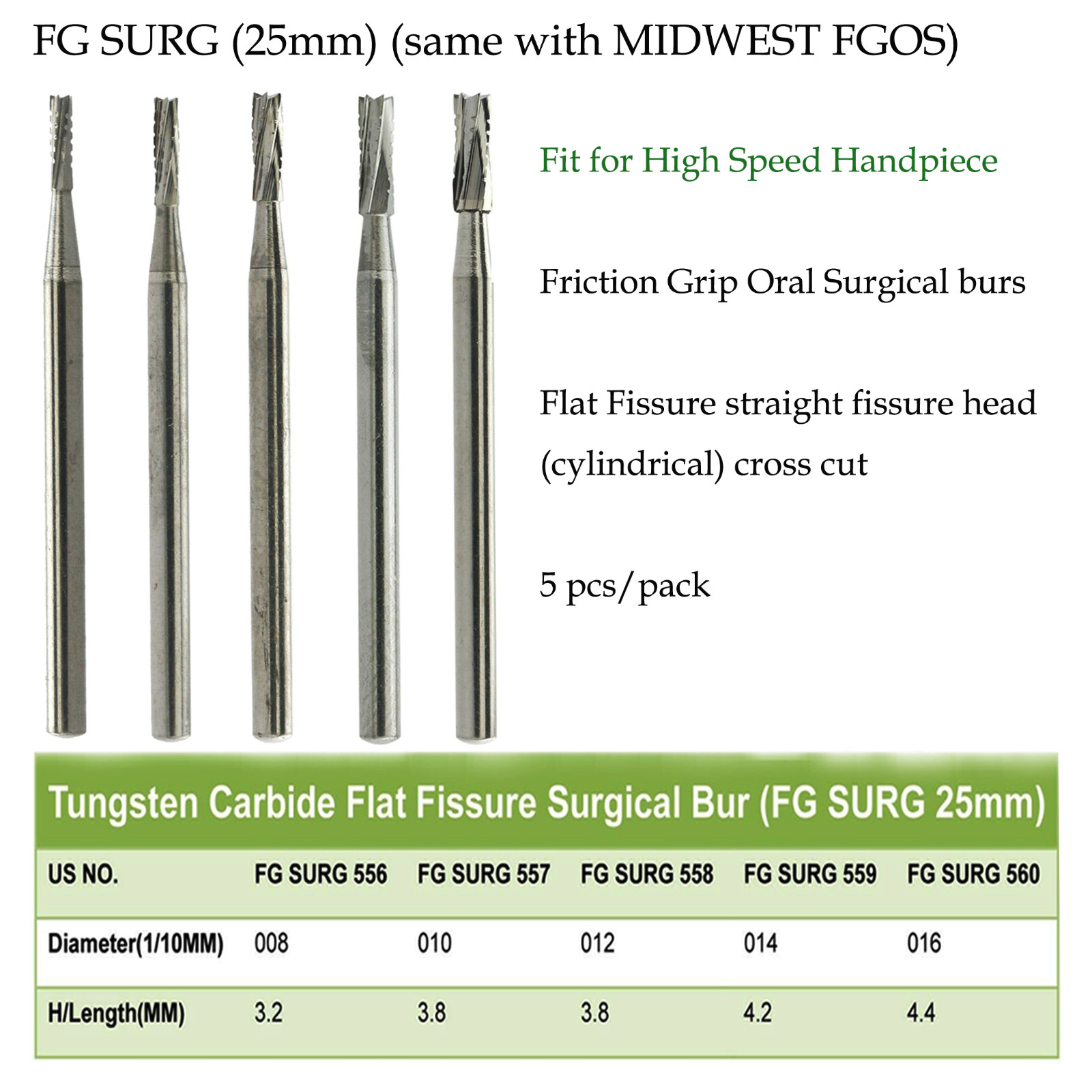 Dental Carbide (Surgica)l Burs 19/25mm Shank 557 330 FG SURG Straight Fissure