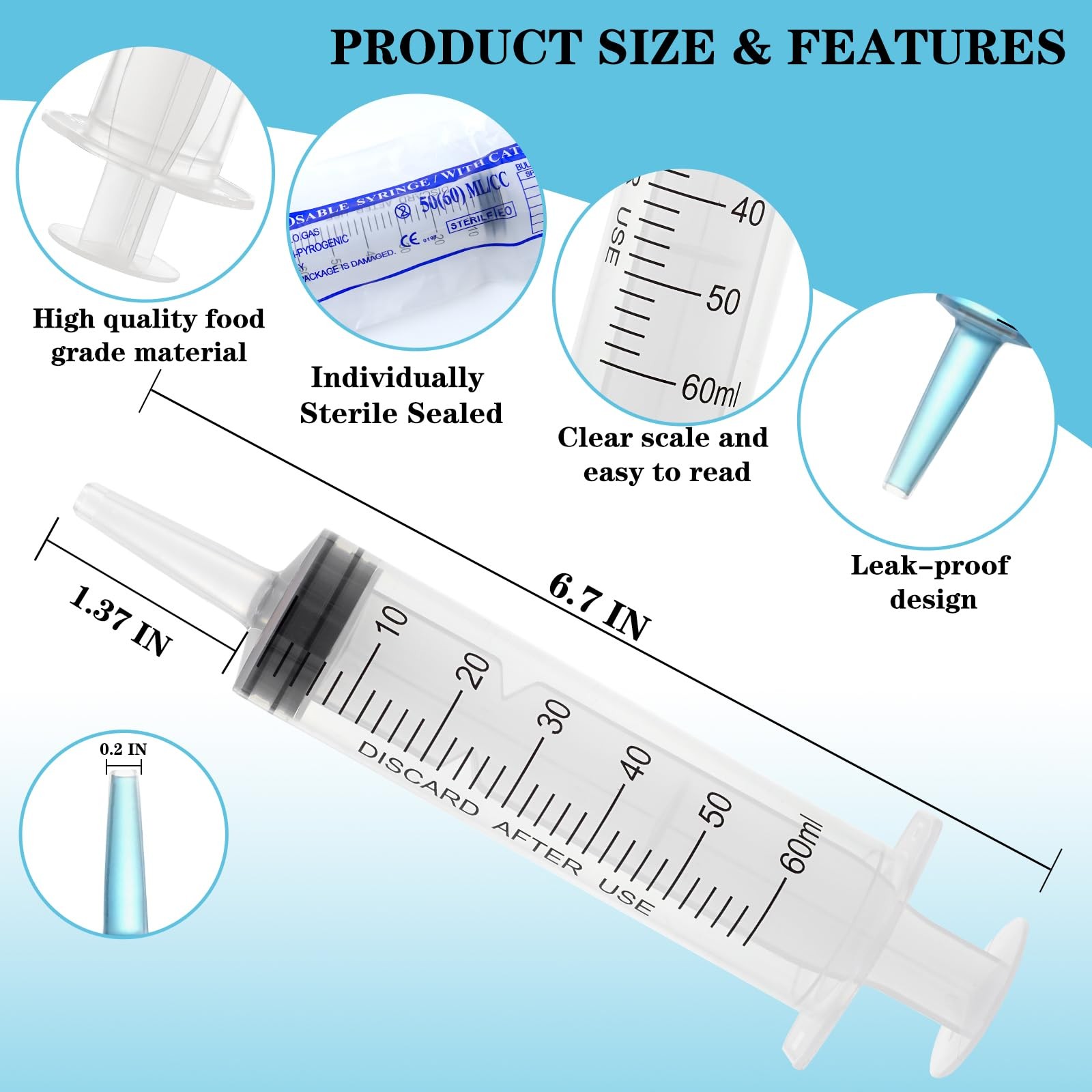 60ml Syringe with Cap, Syringes without Needle for Liquid, Scientific Plastic