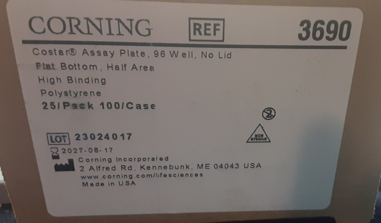 CORNING COSTAR 96-Well Clear F-Bottom Half Area PS Assay Plate w/o Lid(25) 3690