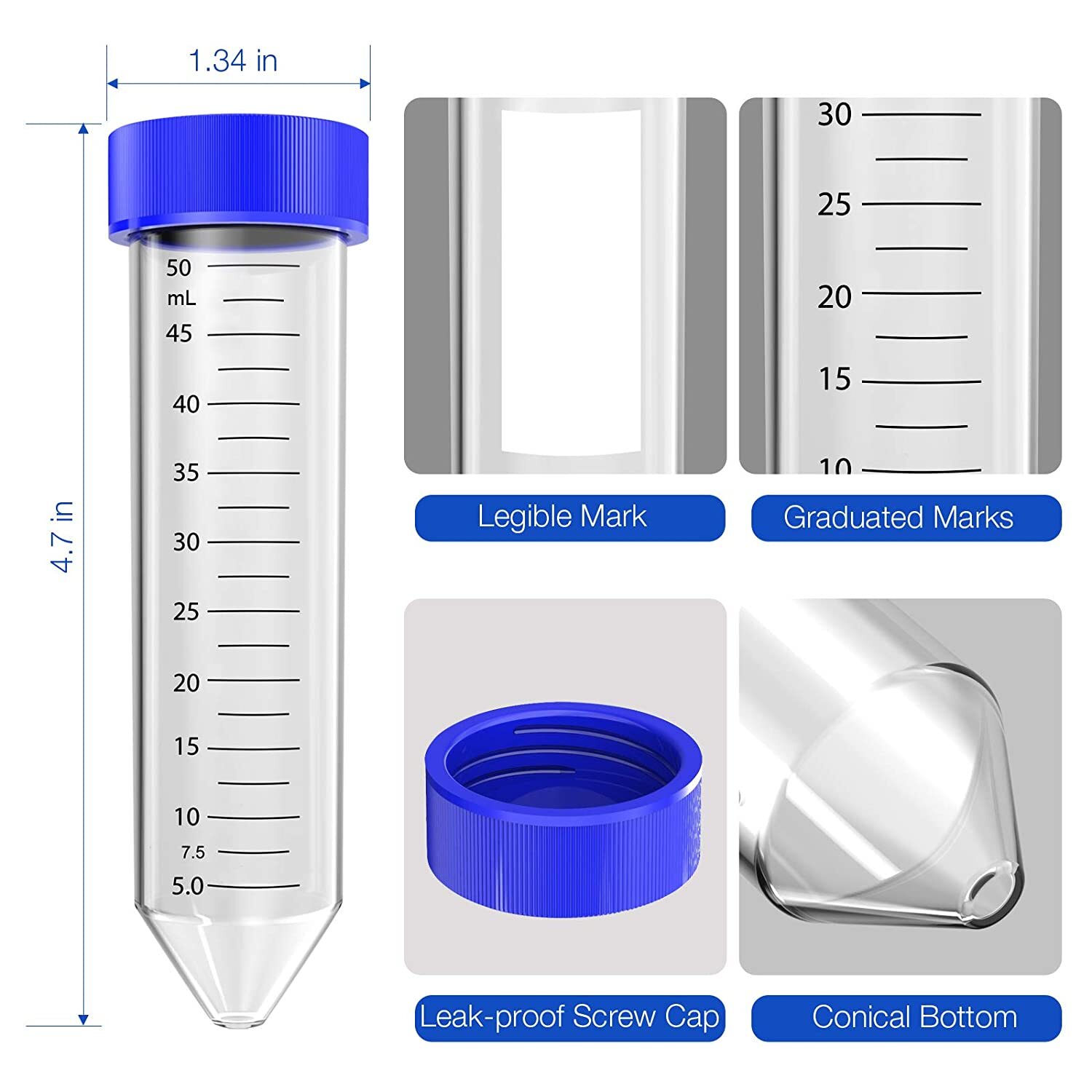 5000pcs Conical Centrifuge Tubes 50ml Sterile Polypropylene Screw Caps Graduated