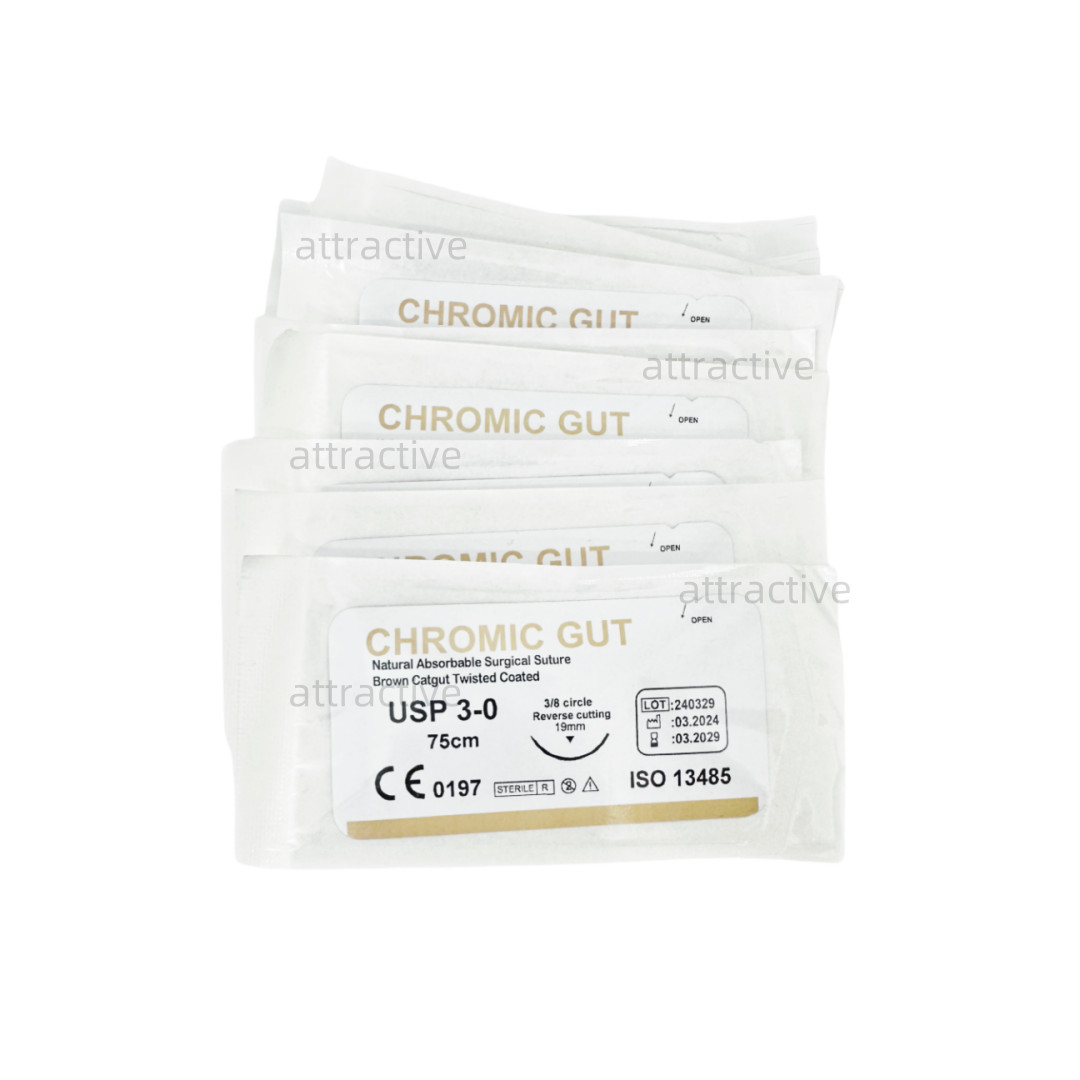 Absorbable Dental Surgical Suture CHROMIC GUT 3-0 Brown 75cm 3/8 Reverse Cutting