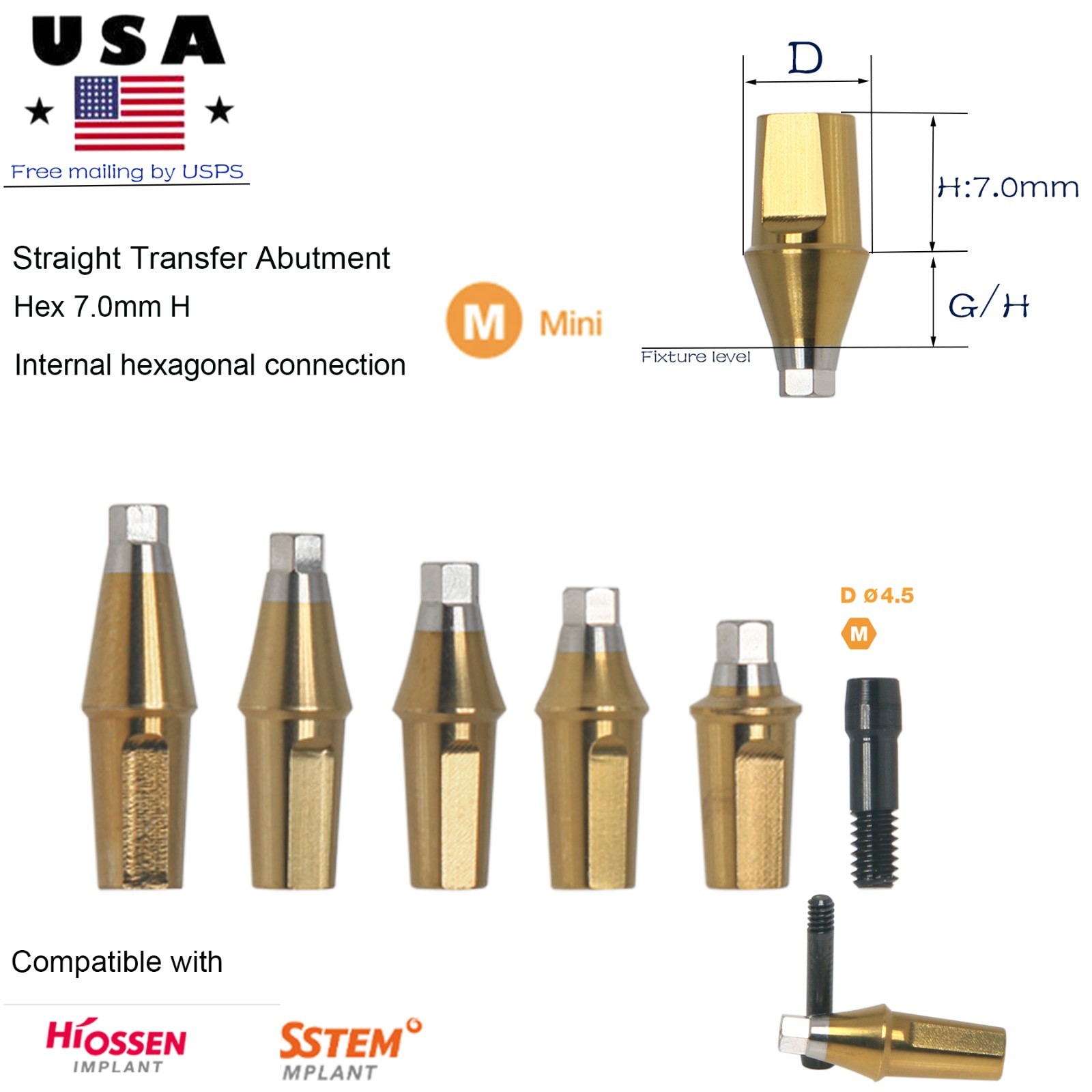 5Pcs US Dental Straight Abutment Ti Hex Hiossen Mini conical replica screw 1-5mm