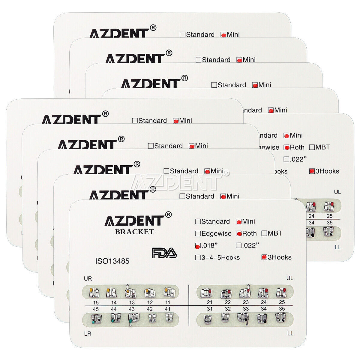 AZDENT Dental Orthodontic Metal Brackets Braces Mini Roth 0.022 Hook3/Hook345