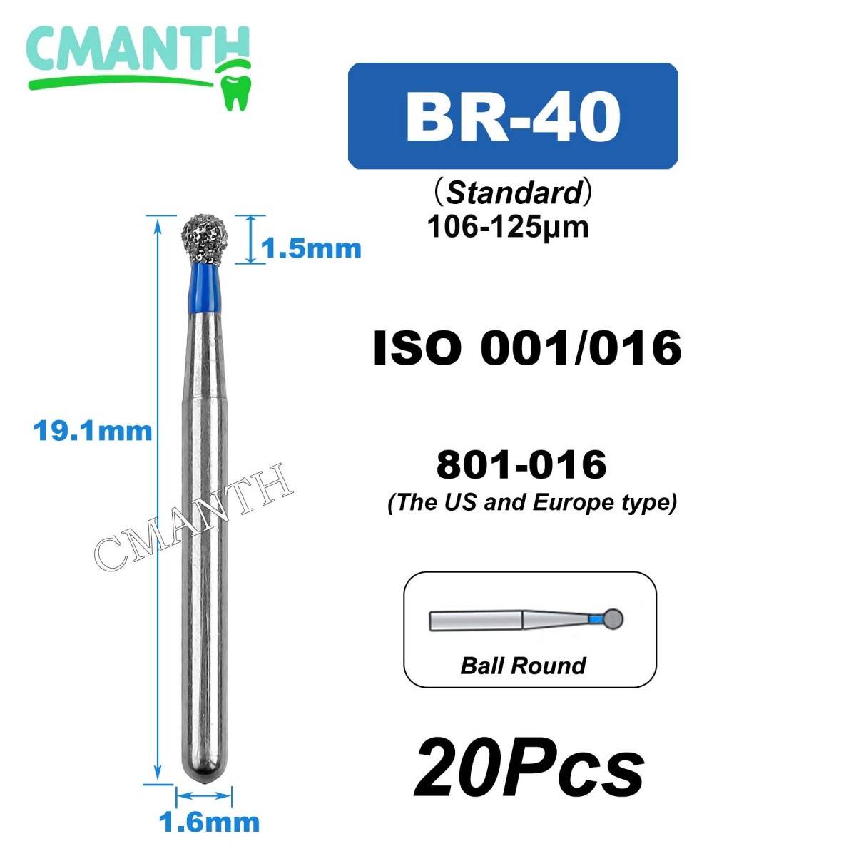 US BR Type Dental Diamond Burs Dentistry Strawberries High Speed Bur 1.6mm 20Pcs