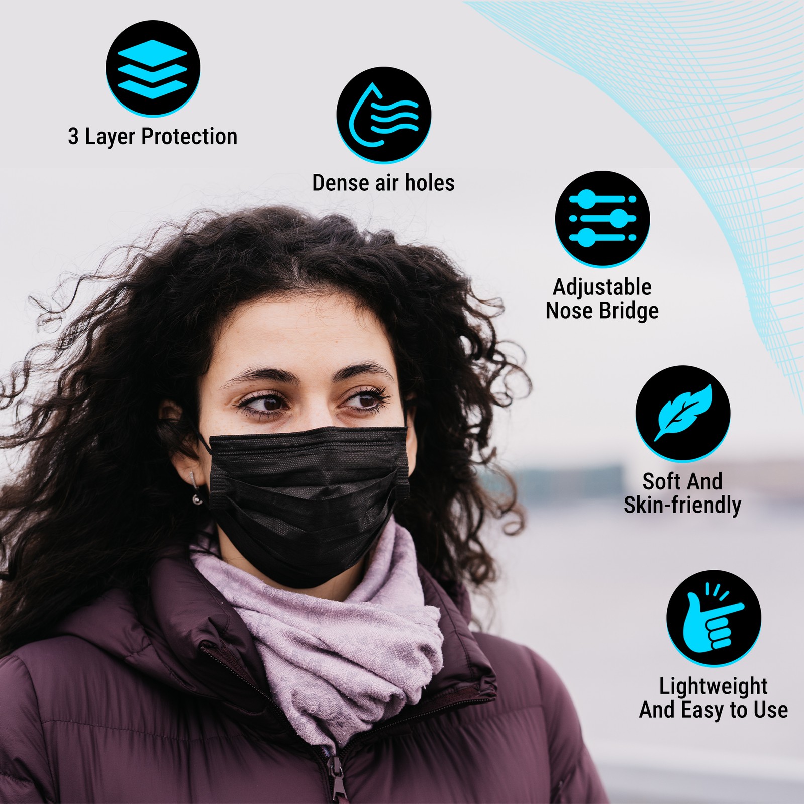 50-Pack Black Disposable Face Mask 3-Ply Earloop Medical Surgical Cover New