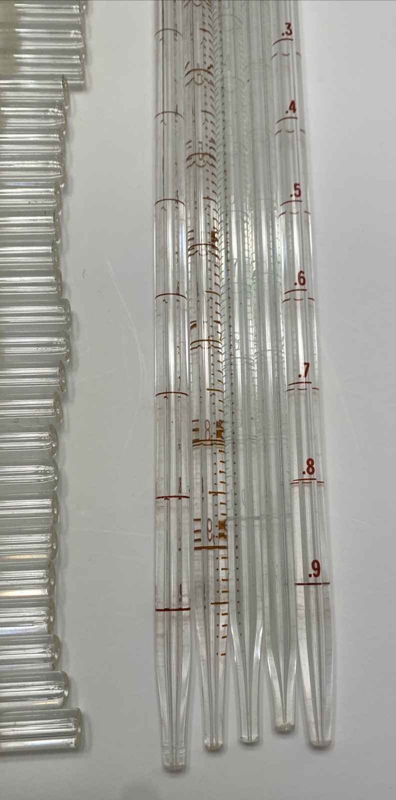 Lot Of 44 Mixed Kimble Kimax Glass Pipettes Pipets Various Sizes 37033, 37034