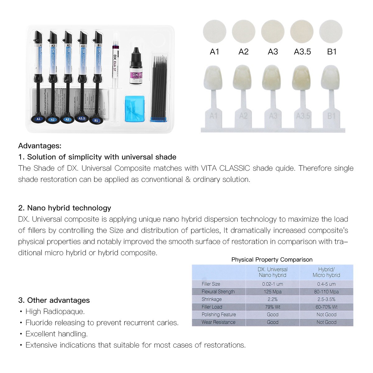 Kit de resina de compuesto de cura dental Dentex Light Shade A1 A2 A3 A3.5 B1