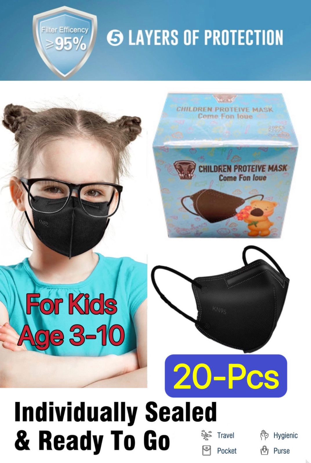 20/40 Pcs Black KN95 Protective 5 Layer Face Mask BFE 95% Disposable Child Masks