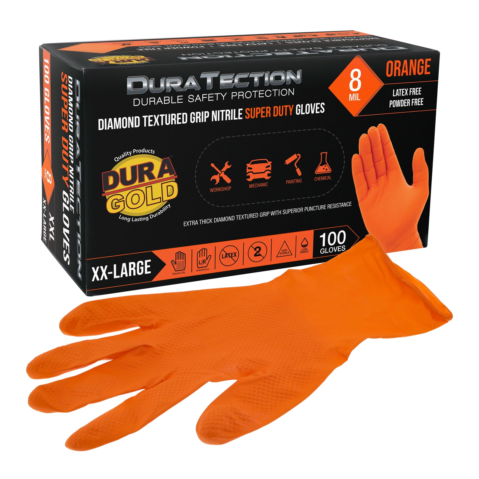 XXL 8 Mil Orange Super Duty Diamond Textured Nitrile Disposable Gloves 100/Box