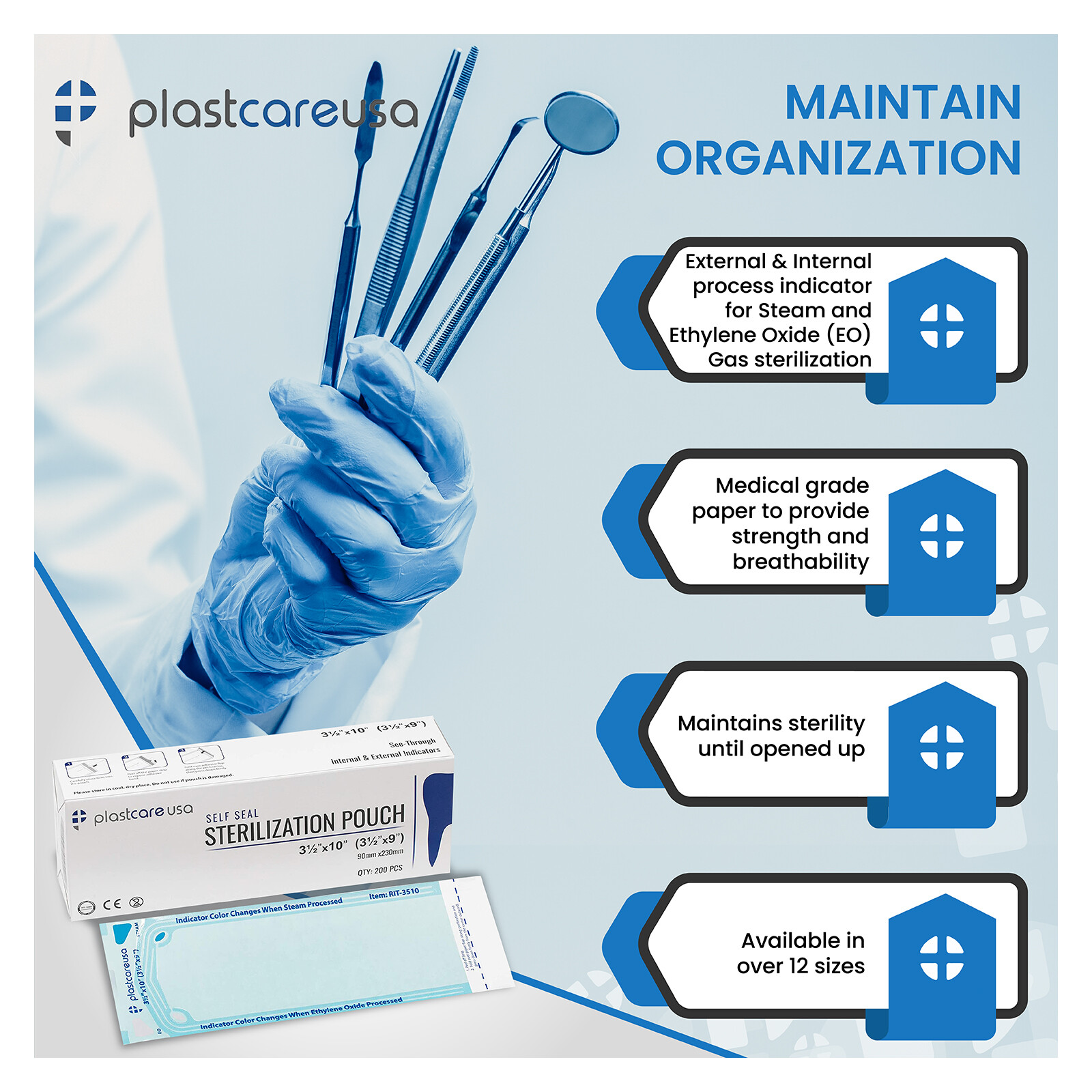 Sterilization Pouch RIT-2710 PlastCare 2.75″x10″ 200pcs/box 4+1bx free(1000 pcs)