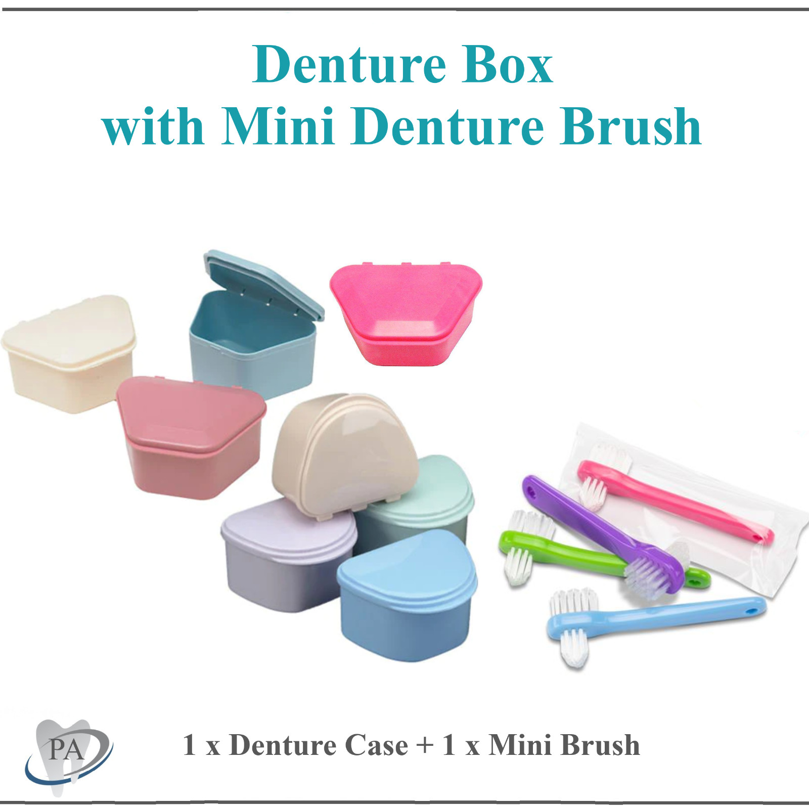 Dental Denture Box with Mini Denture Brush Denture Case Carrier , 4W”, Assorted