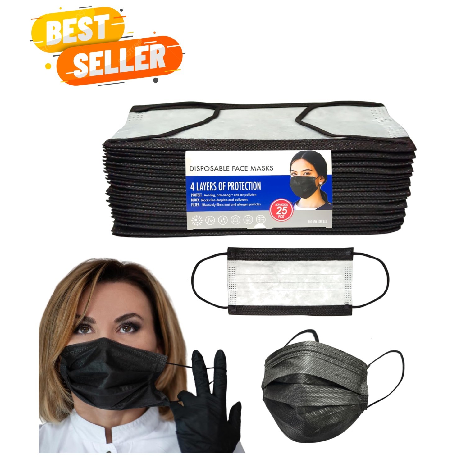 25 Count Disposable 4-Layer Black Face Masks – Stylish & Safe Protection