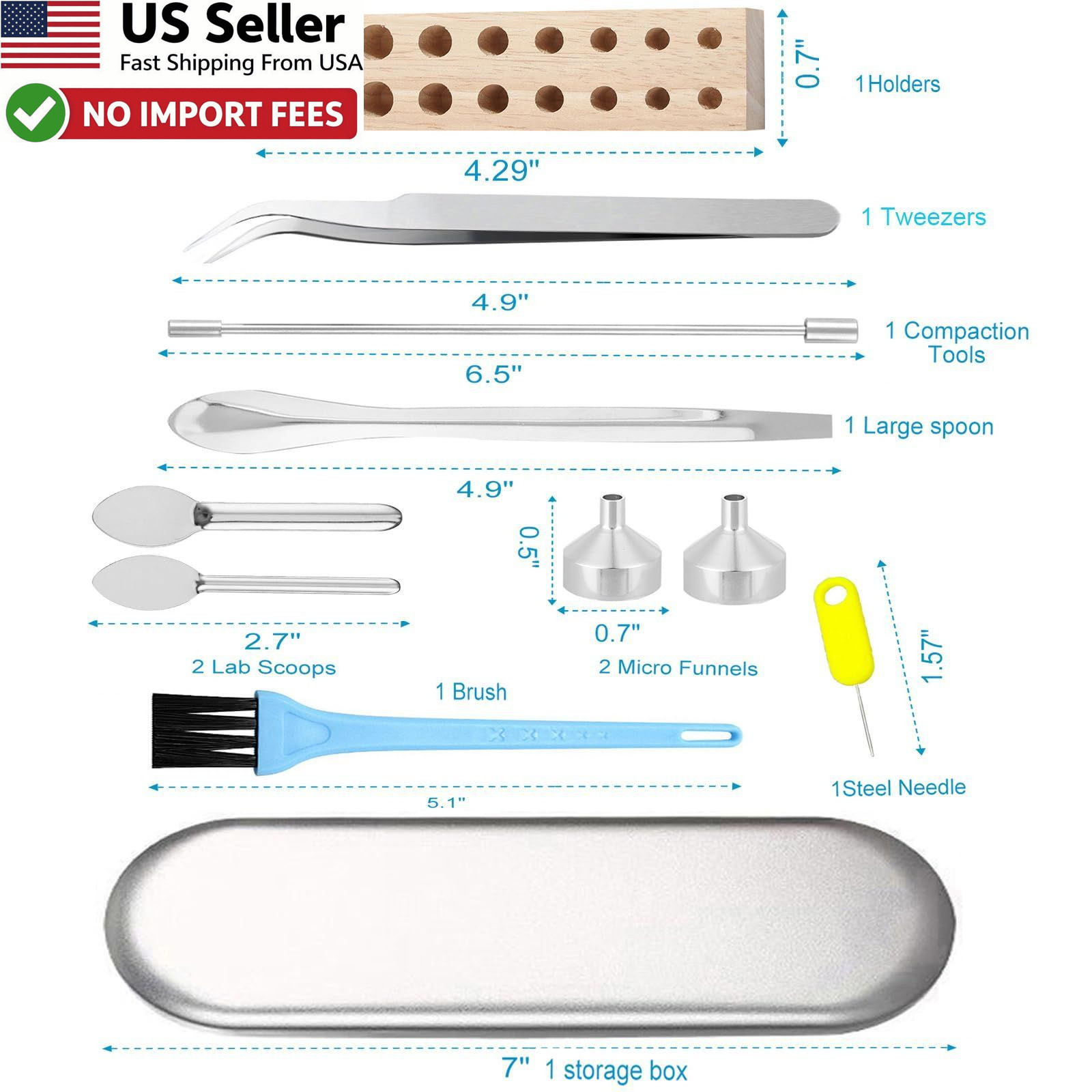 11 Pcs Filling Tools Lab Short Stem Funnels Holder Tweezers Spoons #000-5 USA