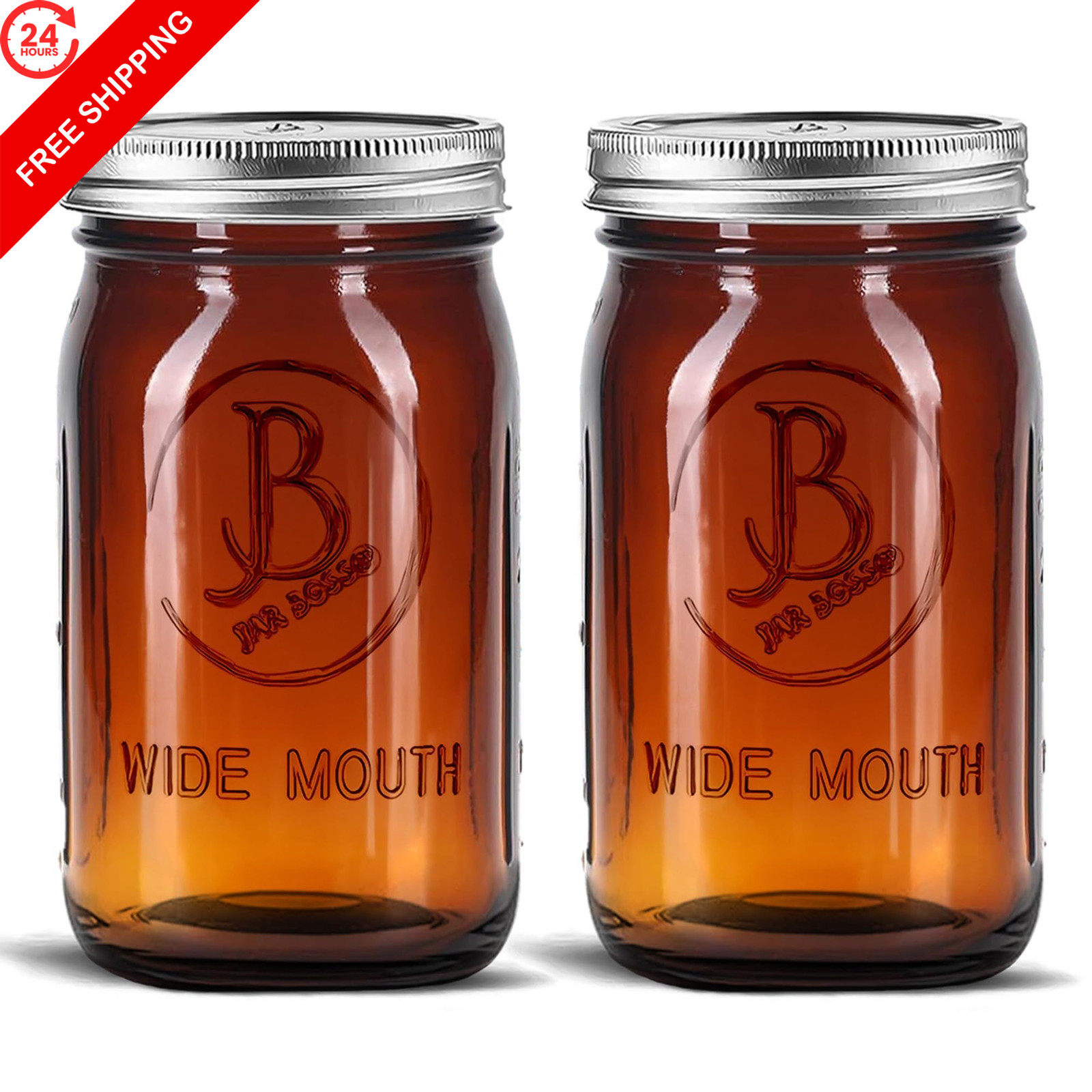 Amber Wide Mouth Mason Jars 32 oz – (2 Pack) – Glass 32 ounces,
