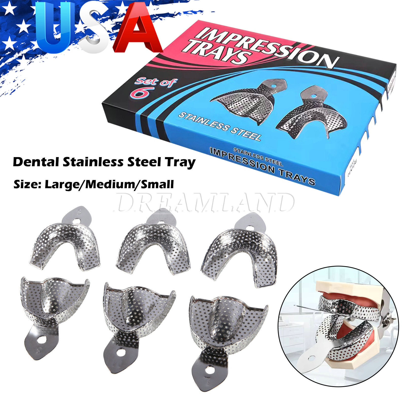 Dental Impression Trays Stainless Steel Perforated 6PC Upper+Lower S/M/L SKYSEA