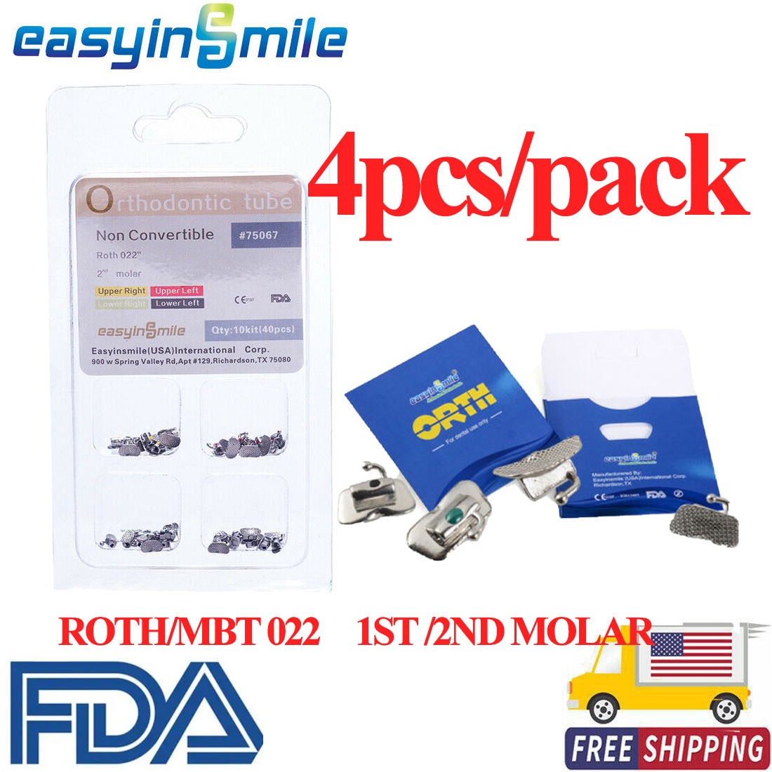 40xDental Ortho Buccal Tube Bondable bracket Non-conv MBT/Roth 022’1st&2nd Molar