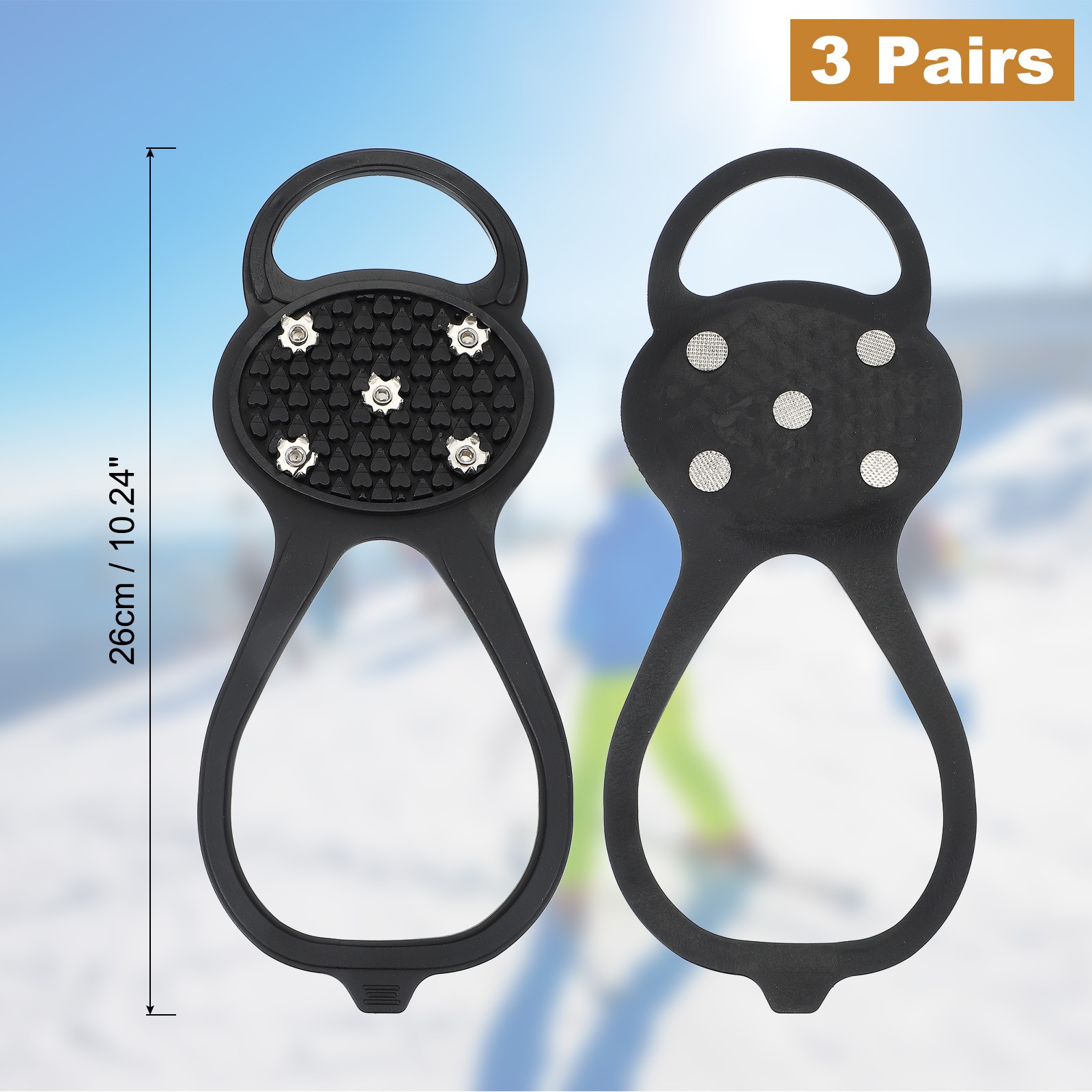 3 Pcs Non-Slip Spikes, 5 Tooth Steel Nails Ice Cleats, Black Size-L