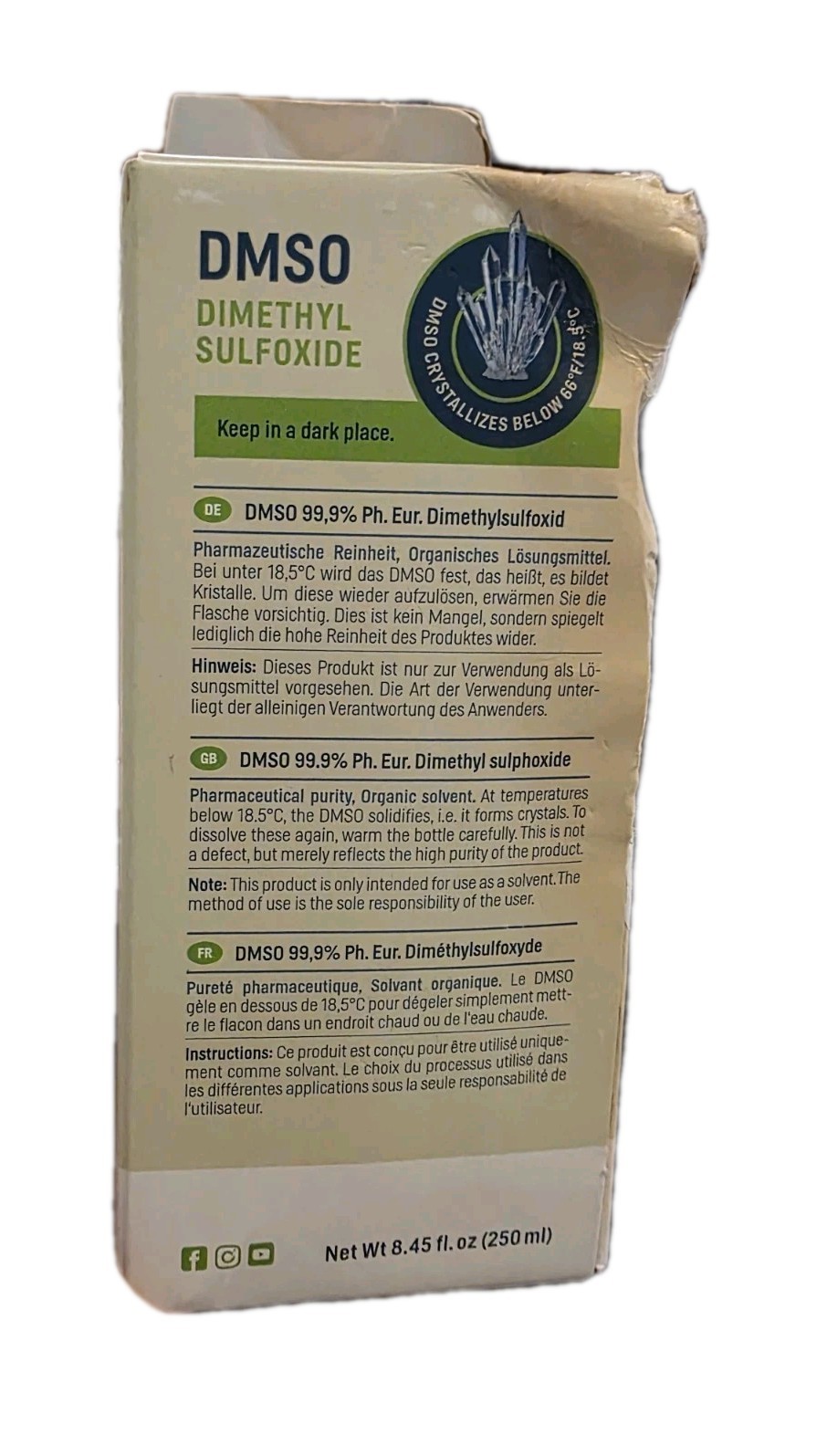 WOLDO HEALTH DMSO Dimethyl Sulfoxide Pharma Grade Organic Solvent 8.45oz 05/2028