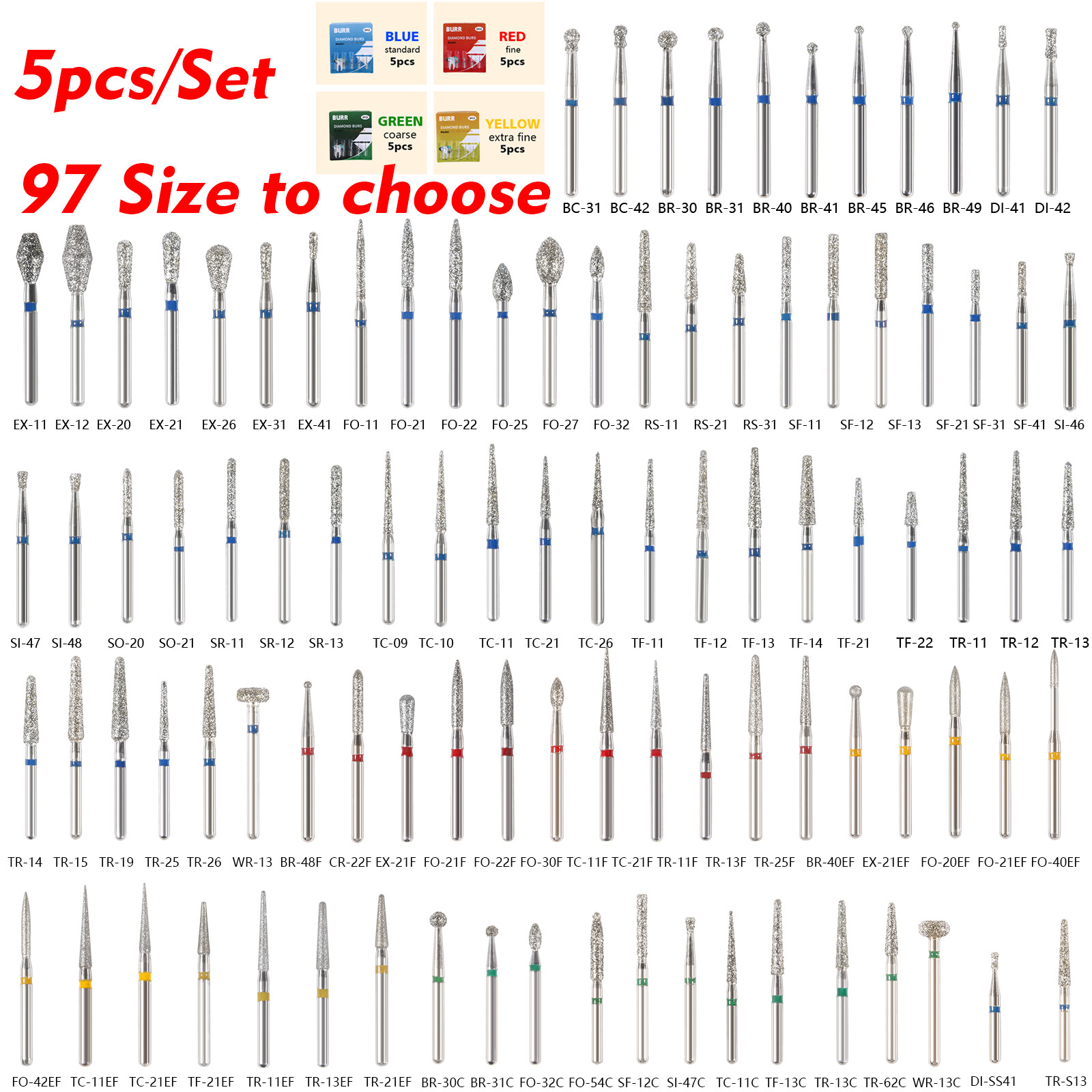 All Types Dental FG Diamond Burs for High Speed Handpiece Friction Grip 5pc/pack