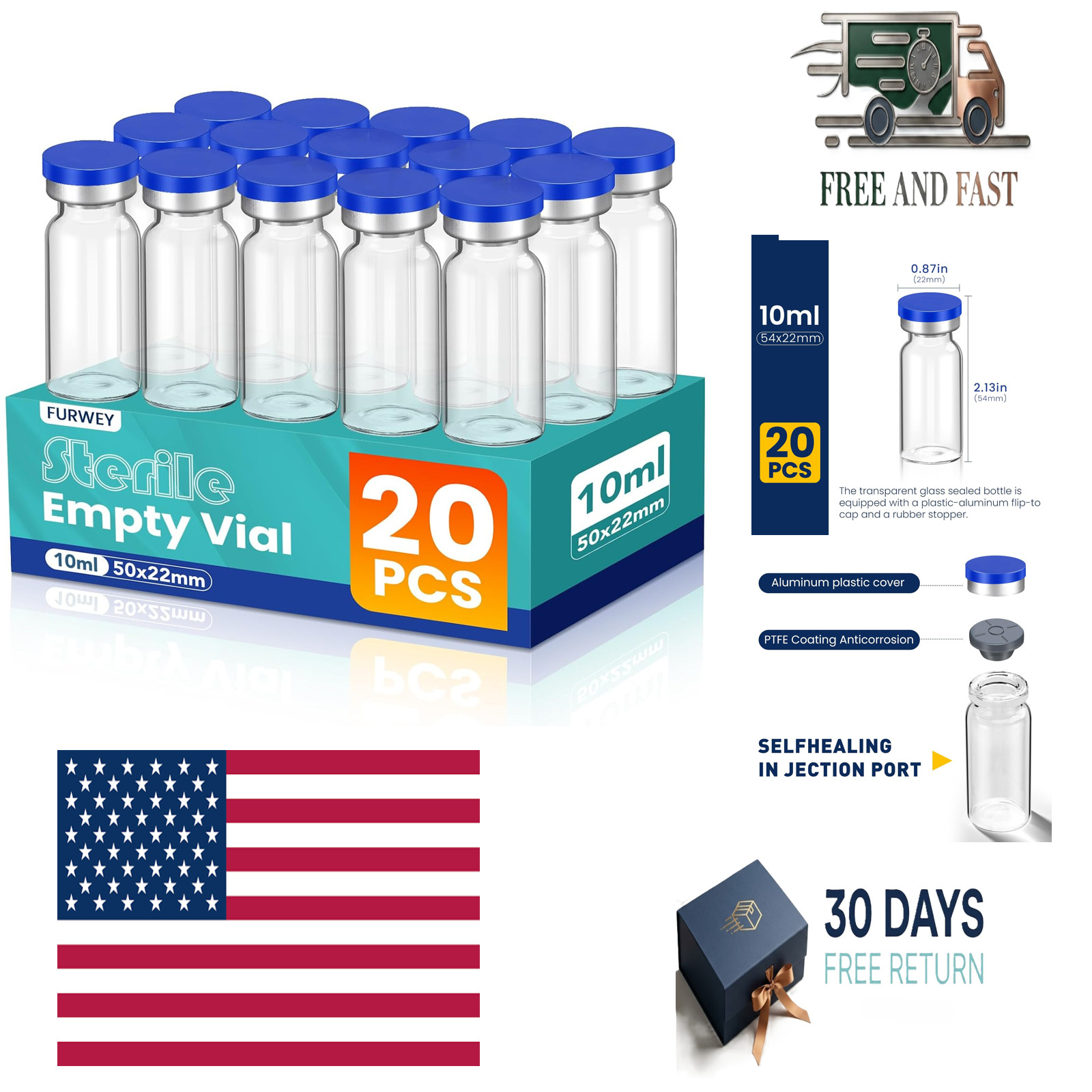 10ML Sterile Vials, Glass Empty Vials for Injection, 20 Pack | Sterile Vials