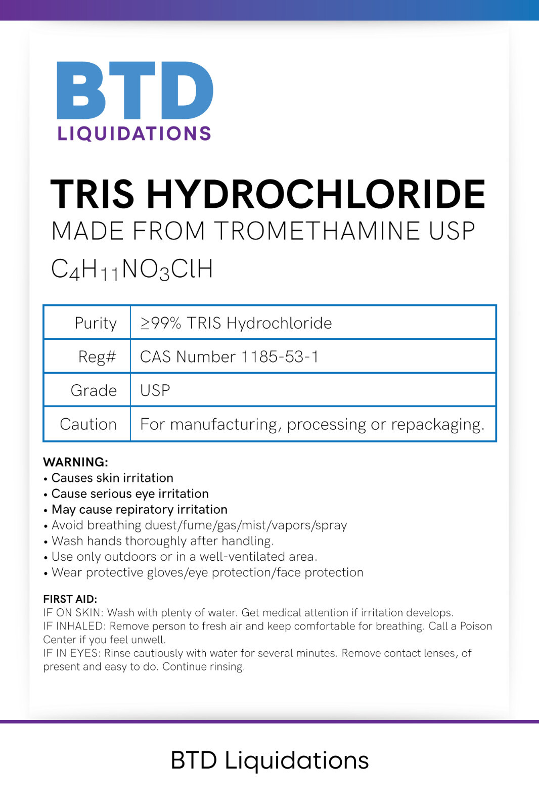 NEW 500G Tris hydrochloride (hydroxymethyl) aminomethane ≥99.0%, CAS 1185-53-1.