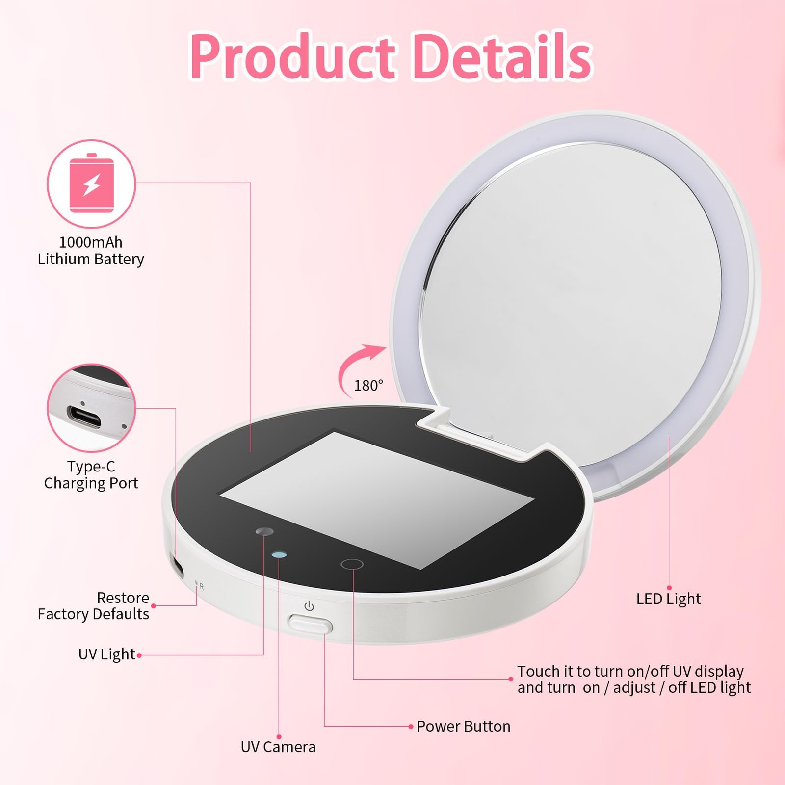 DESCHEN UV Camera Mirror for Sunscreen Test, 2X Makeup 3.8″L x 0.8″W, White