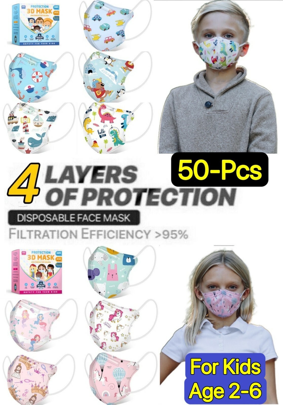 50 Pcs Protective 4 Layer Cartoon Face Mask BFE 95% Disposable 3D Masks For Kids
