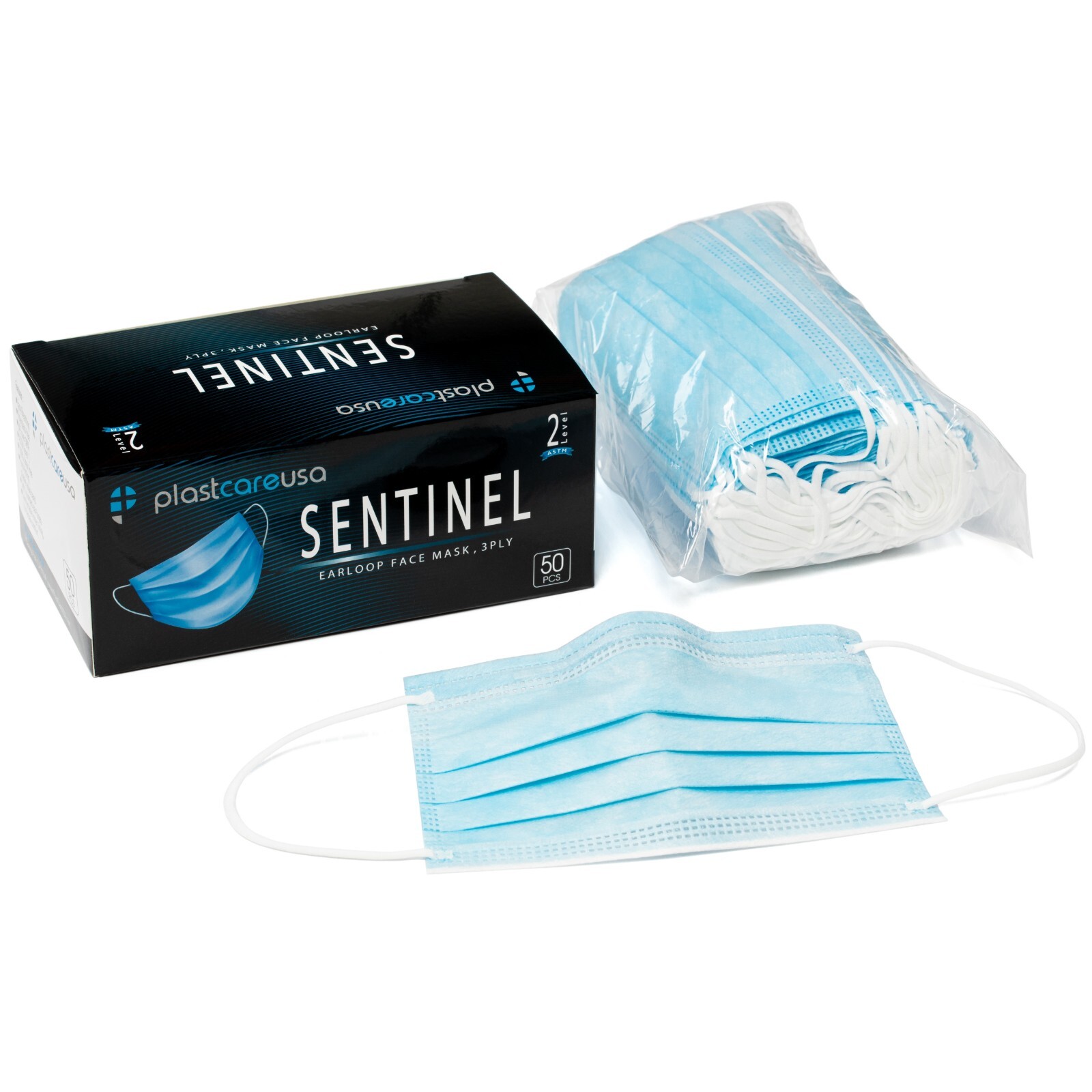 Earloop Face Mask, 3 Layers (3-Ply), ASTM Level 2, Sentinel 1 Box (50 Pcs)
