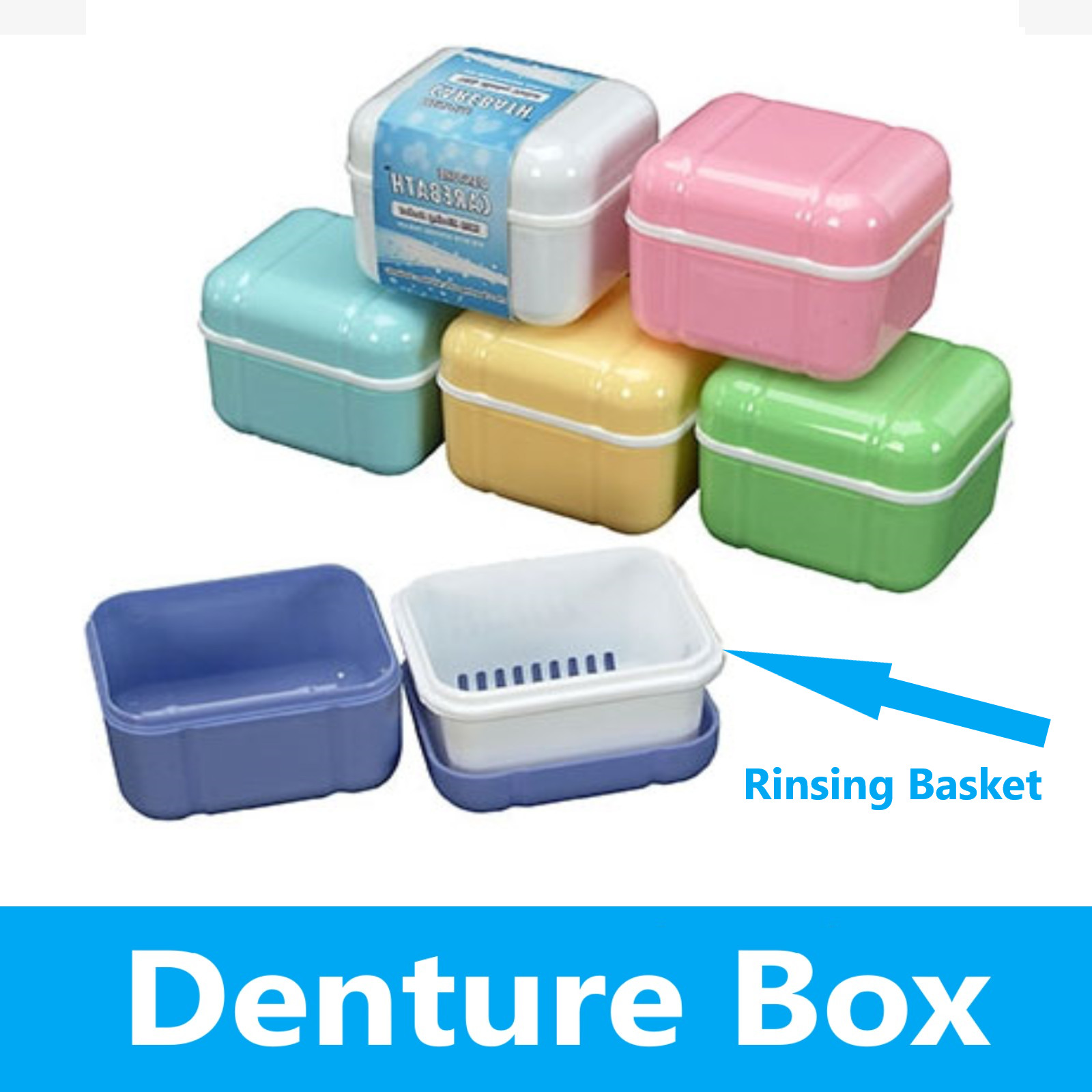Denture Care Retainer Box with Tray Case Cup Storage Denture with Rinsing Basket