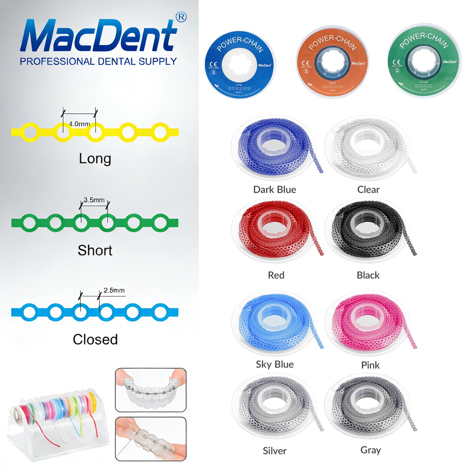 Dental Orthodontic Elastic Rubber Power Chain Braces Bands Short/Long/Close