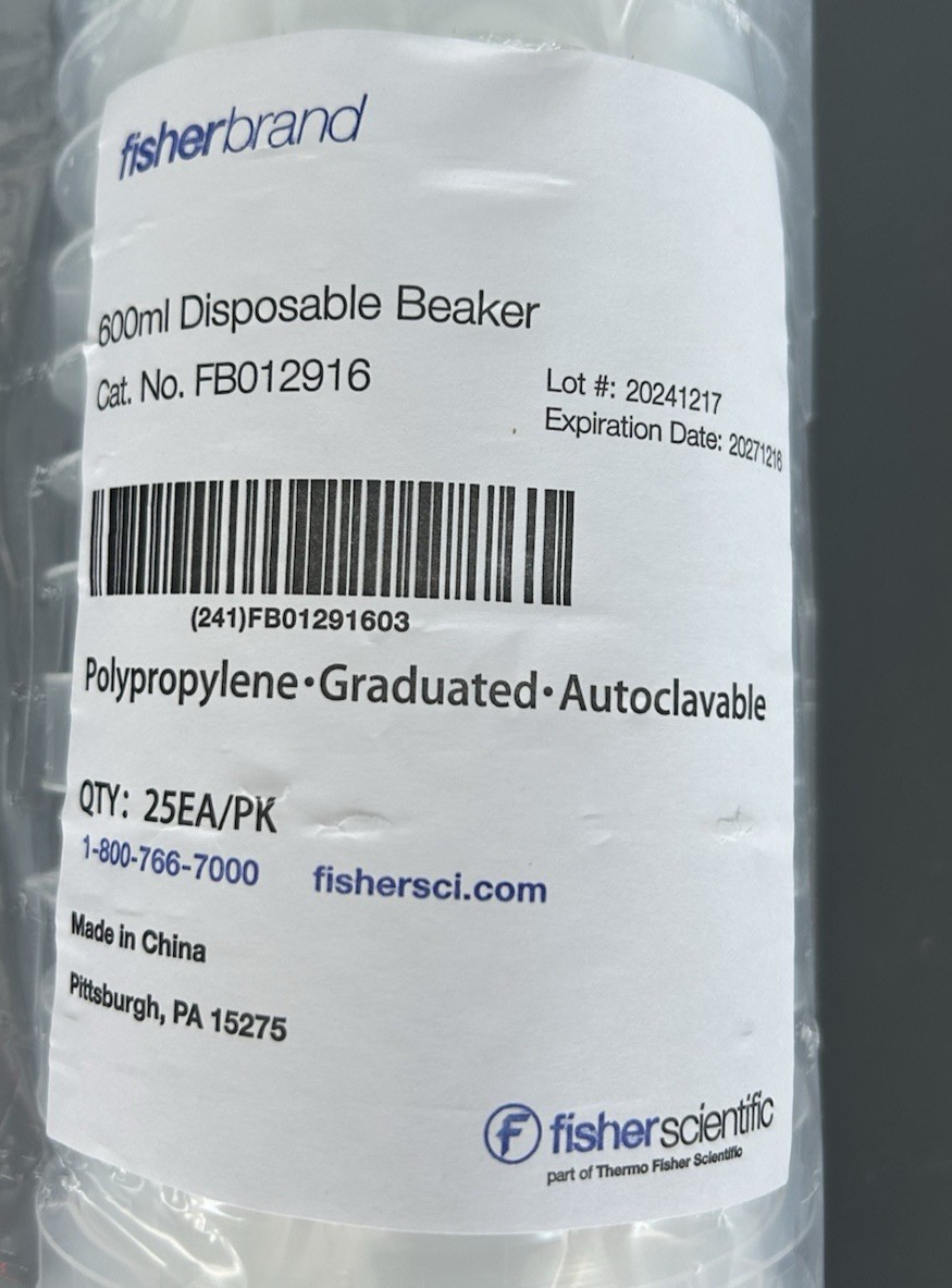 Fisherbrand™ 600mL Polypropylene Disposable Beakers – Sleeve 25ea/pk – Sealed