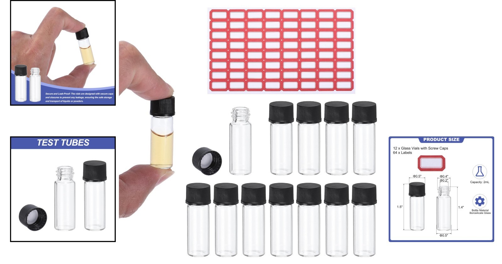 Leak-Proof 2ml Glass Vials with Labels – 12 Piece Reusable Set for Labs & Travel