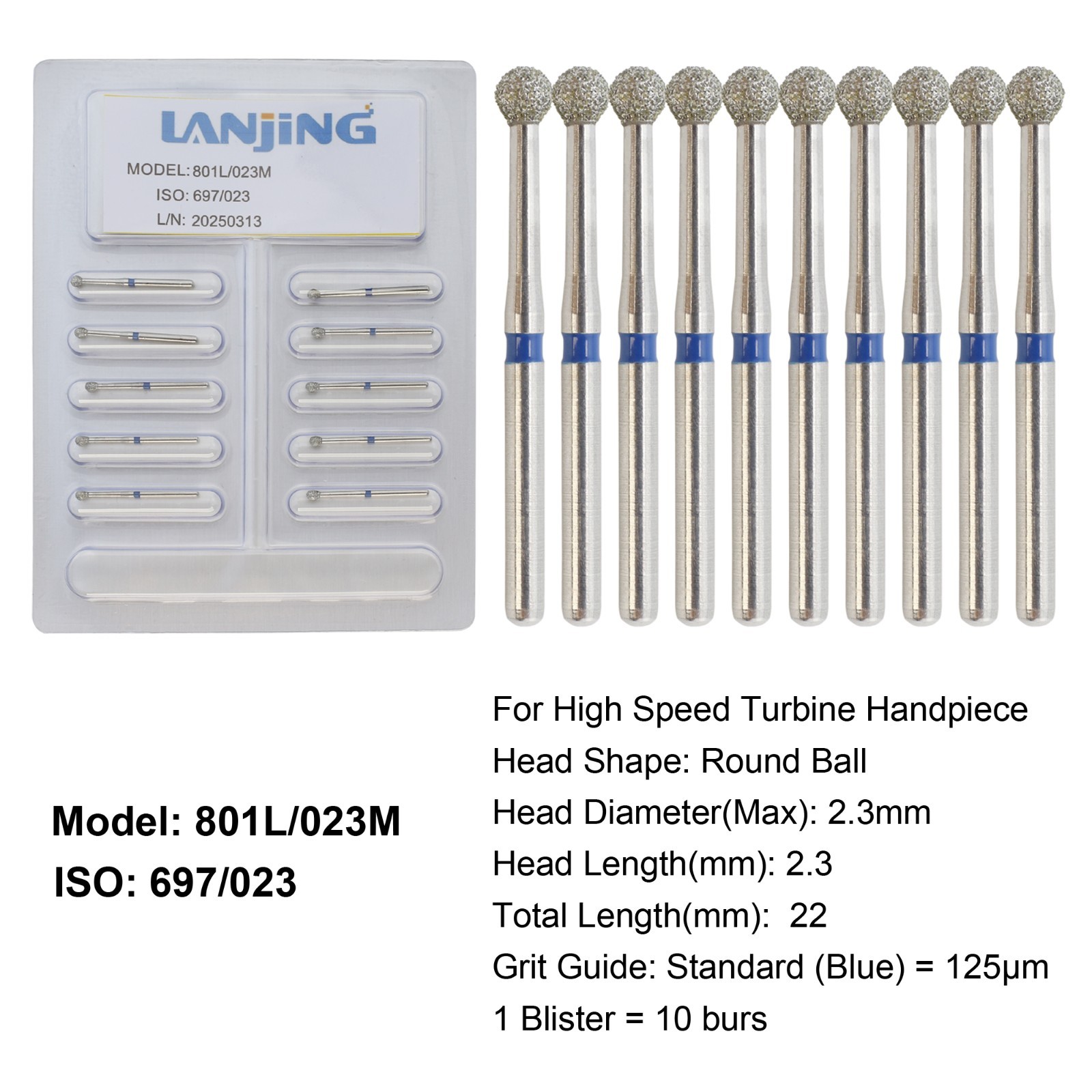 Dental Round Diamond Bur FG Long Shank Surgical Diamond Burs High Speed 801L