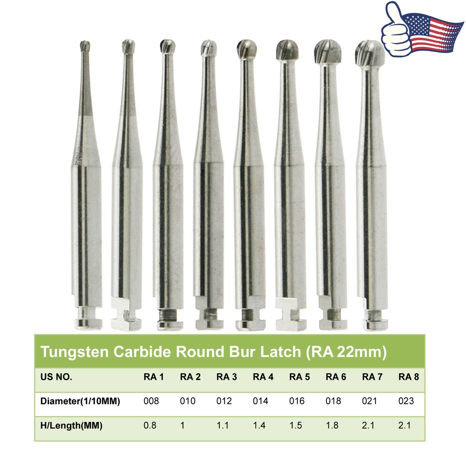 DENTAL Round Carbide Bur Latch RA 2 4 5 6 7 8 Midwest LA For Slow Low Speed 22mm