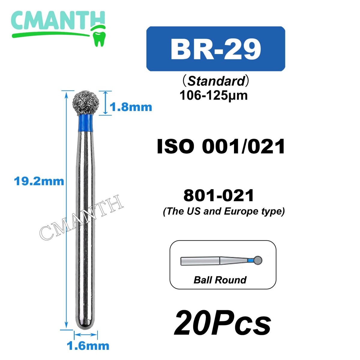 US BR Type Dental Diamond Burs Dentistry Strawberries High Speed Bur 1.6mm 20Pcs