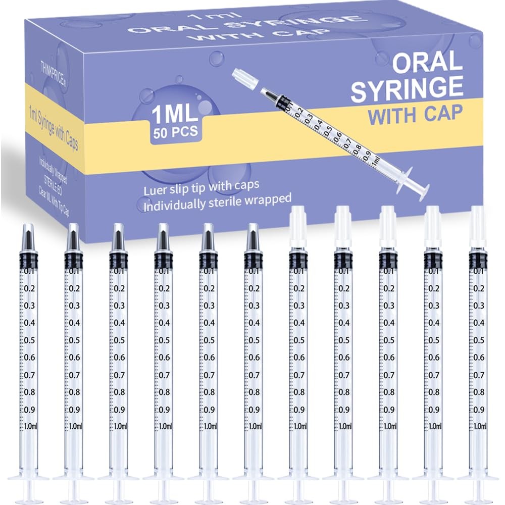 50 Pcs 1ml Syringes with Caps Oral Dispenser Individually Sterile 1ml, WHITE