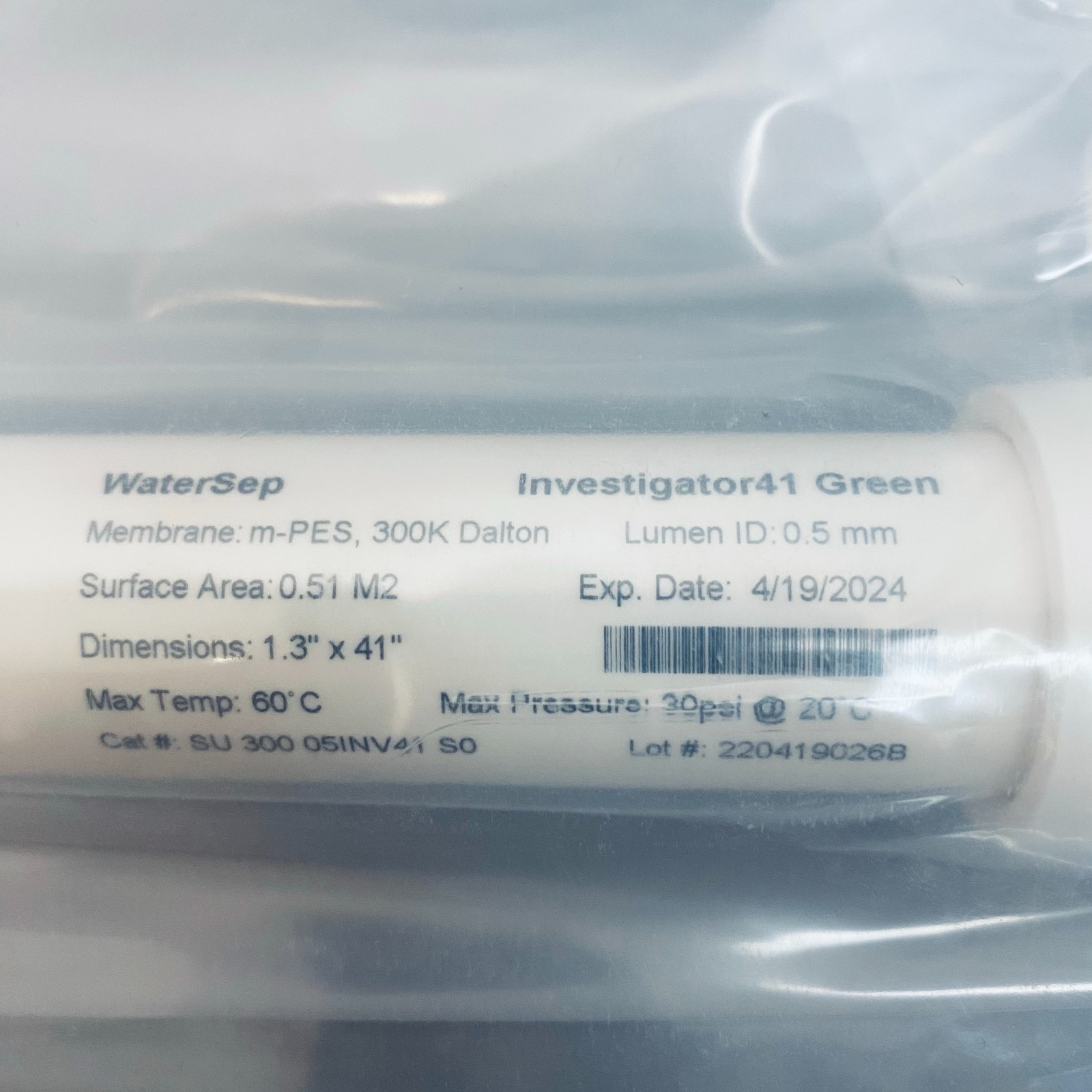 Sartorius WaterSep Investigator41 Green Hollow Fiber Filter 300 kDa 0.51 m2