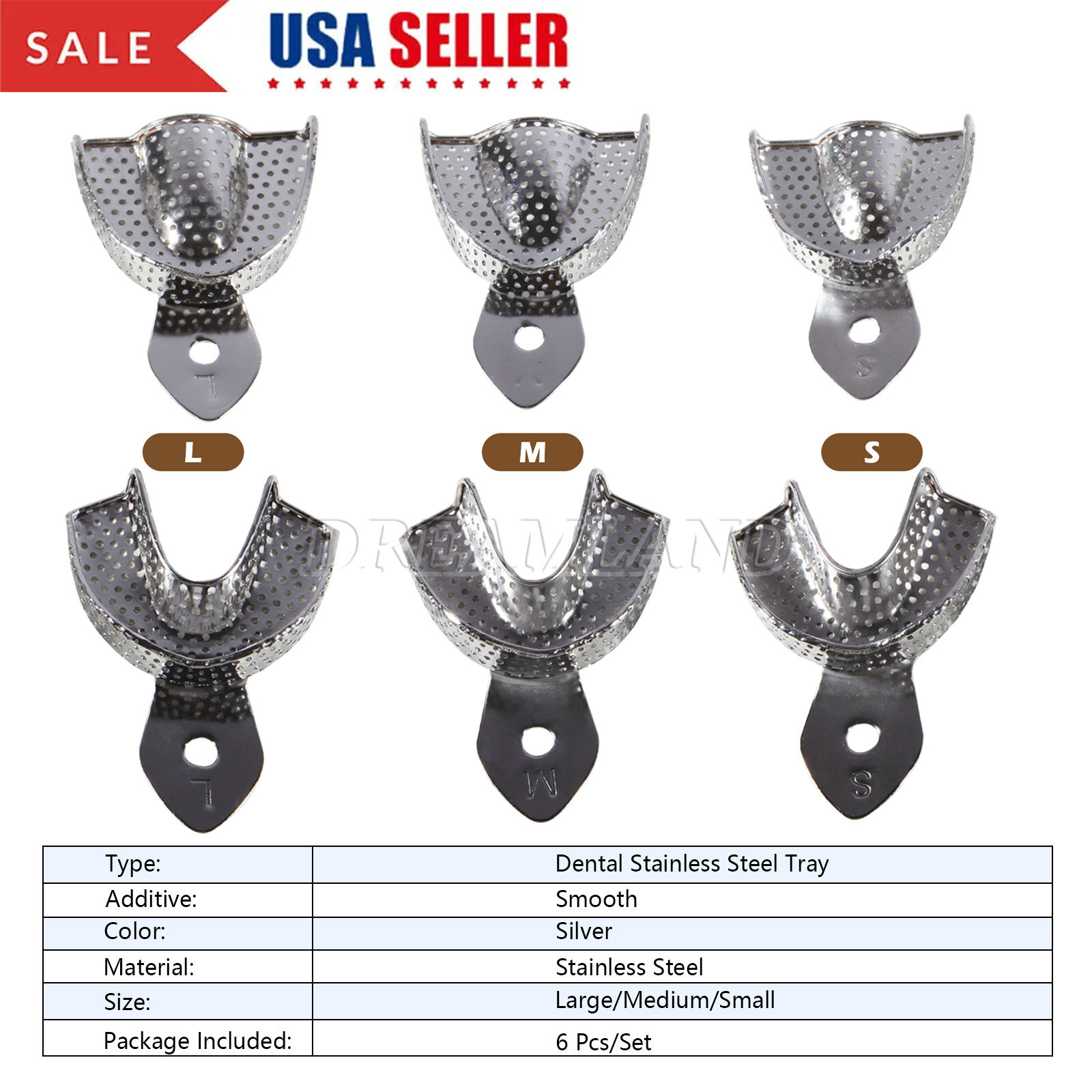 Dental Impression Trays Stainless Steel Perforated 6PC Upper+Lower S/M/L SKYSEA