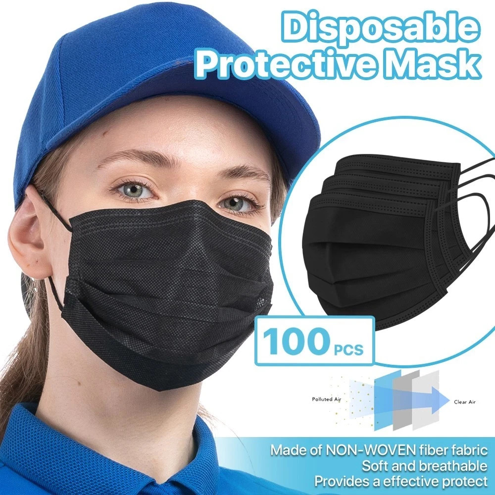 Black 100 Pcs Disposable Face Masks 3-Ply Non Medical Surgical Earloop Cover