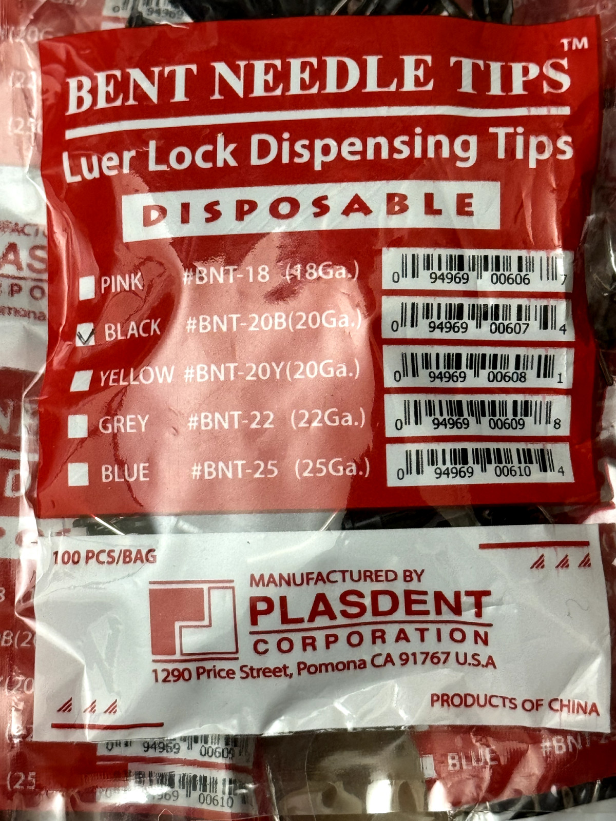 PLASDENT Dental flow BLACK Luer Lock Delivery Tips 100/pkg 20 Gauge BNT-20B