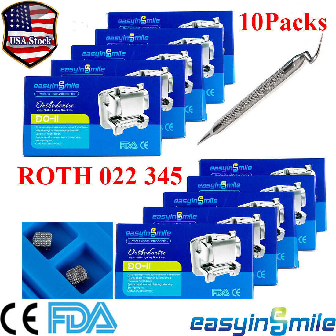 10X Orthodontic Dental Metal Self ligating Brackets Braces Roth 022 Hooks 3 4 5