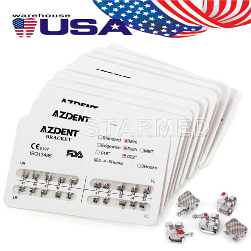 22X AZDENT Dental Orthodontic Braces Brackets Metal Mini Roth 022 Hooks 345 FDA