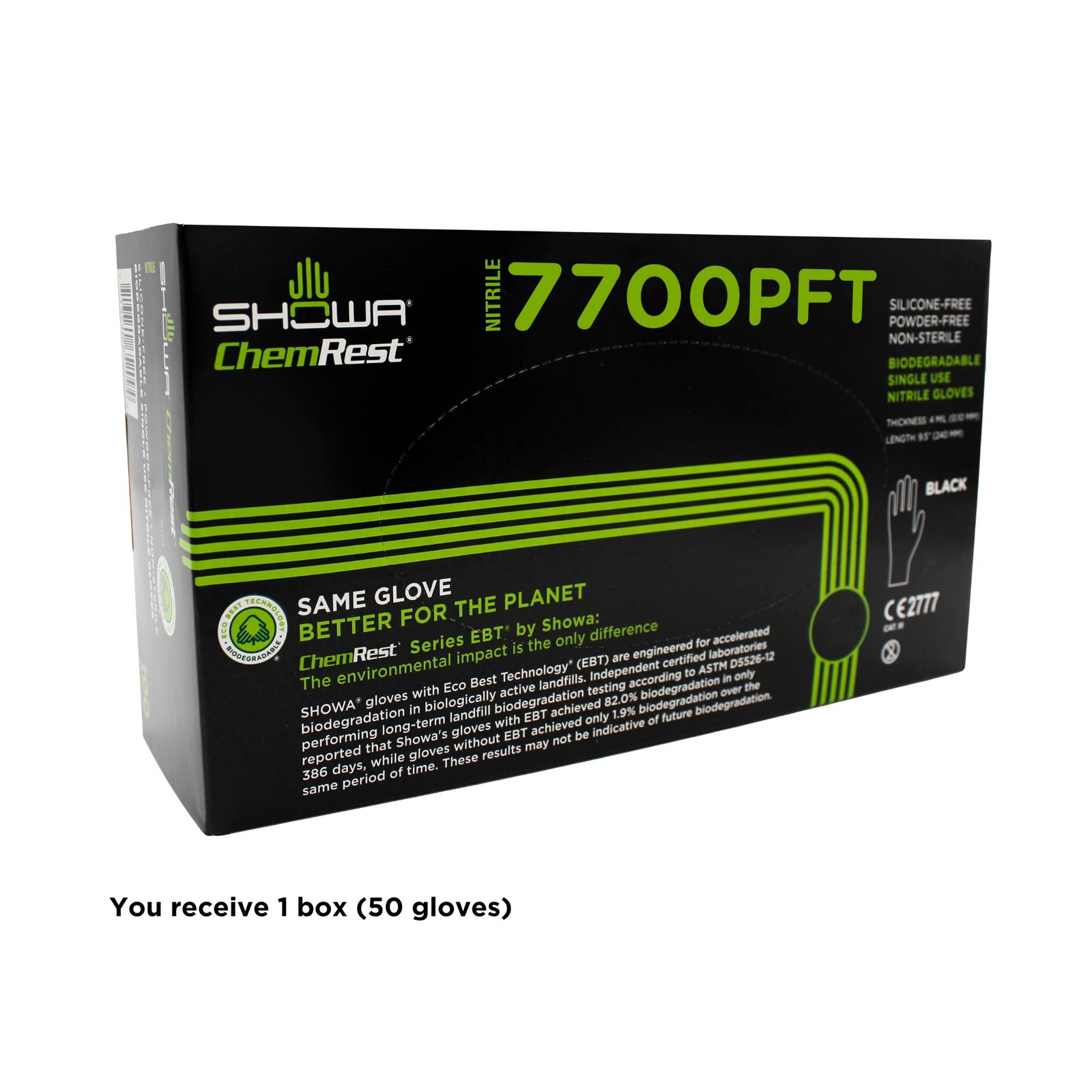 SHOWA 7700PFT Sustainable EBT Latex-Free, Powder-Free, X-Large, Black