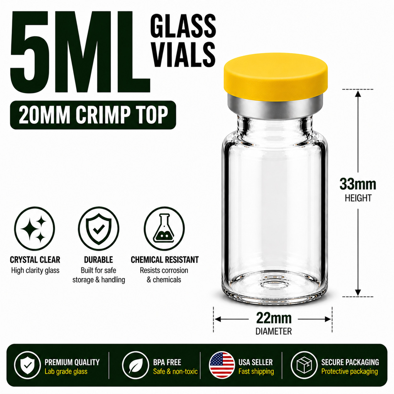 5ml Glass Vials 20mm Crimp Top w/ Rubber Plugs & Flip Off Caps Serum Lab Vials