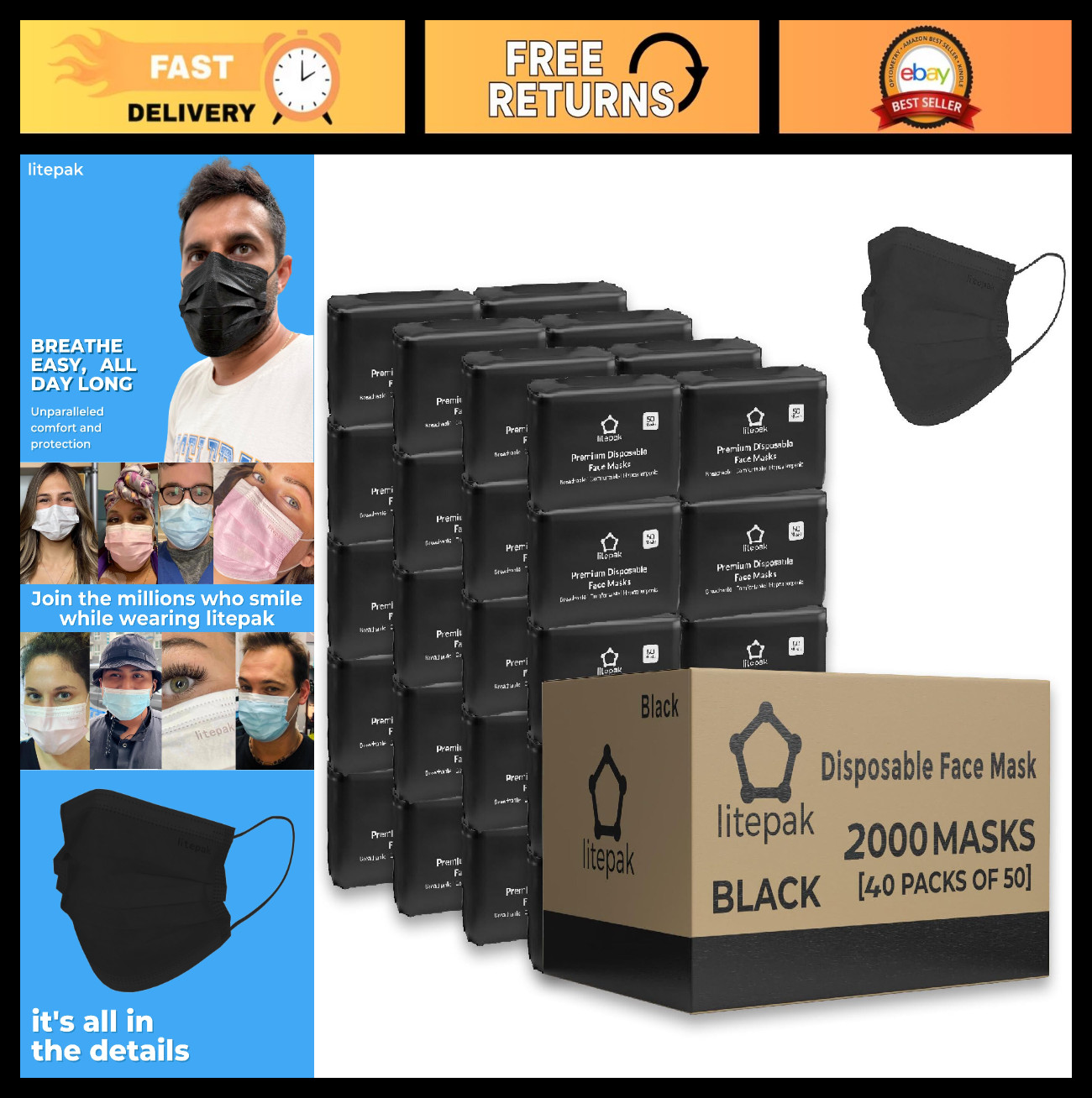 2000pcs Disposable 3-Ply Face Masks – Breathable Black Adult Masks (40×50 Pack)